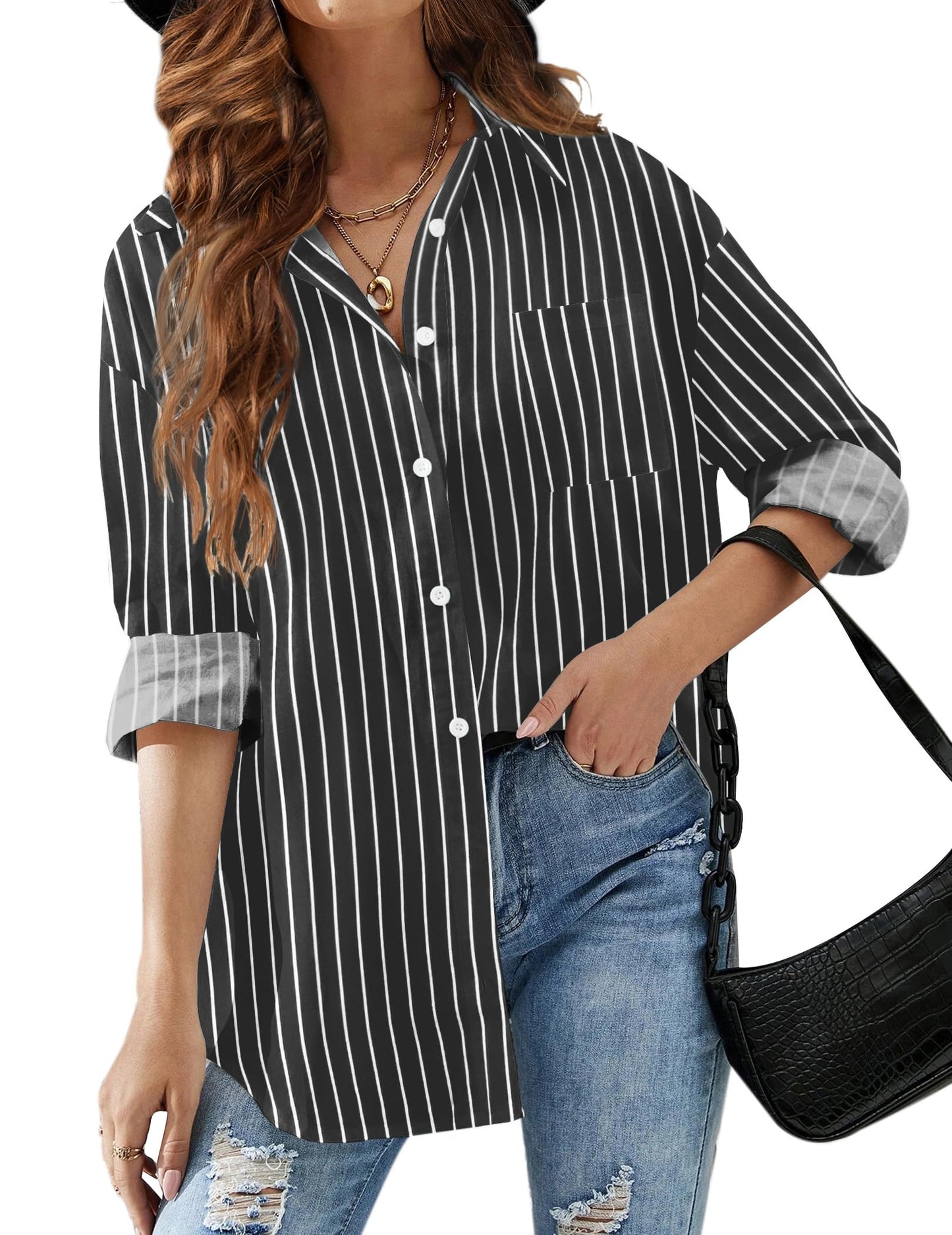 HOTOUCH Women Oversized Button Down Shirts Office Drop Shoulder Blouse Long Sleeve Boyfriend Dress Shirt with Pockets