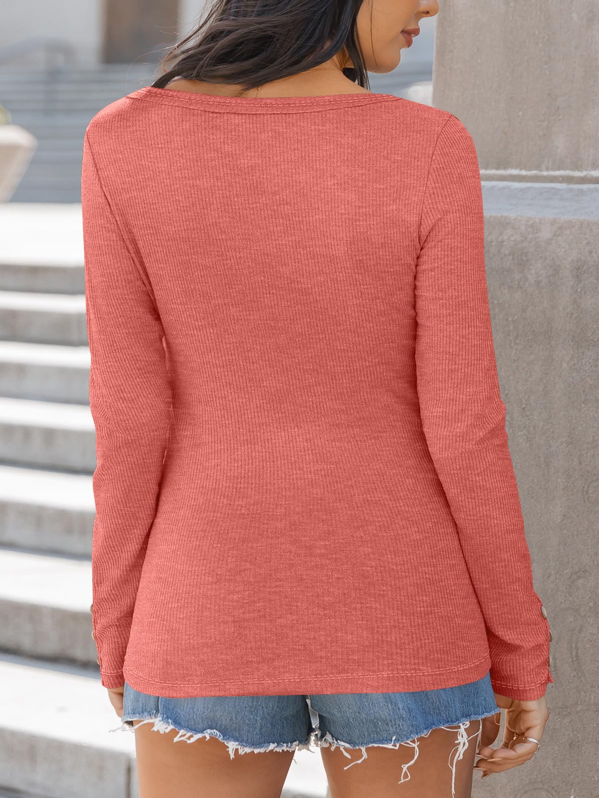 Kissfix Womens Long Sleeve Shirts Going Out Fall Clothes Casual Henley Tops Ribbed Knit Blouses Fashion Trendy Outfits