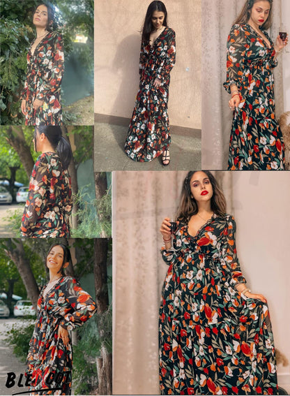 BLENCOT Womens Casual Boho Deep V Neck Short Sleeve Long Dress