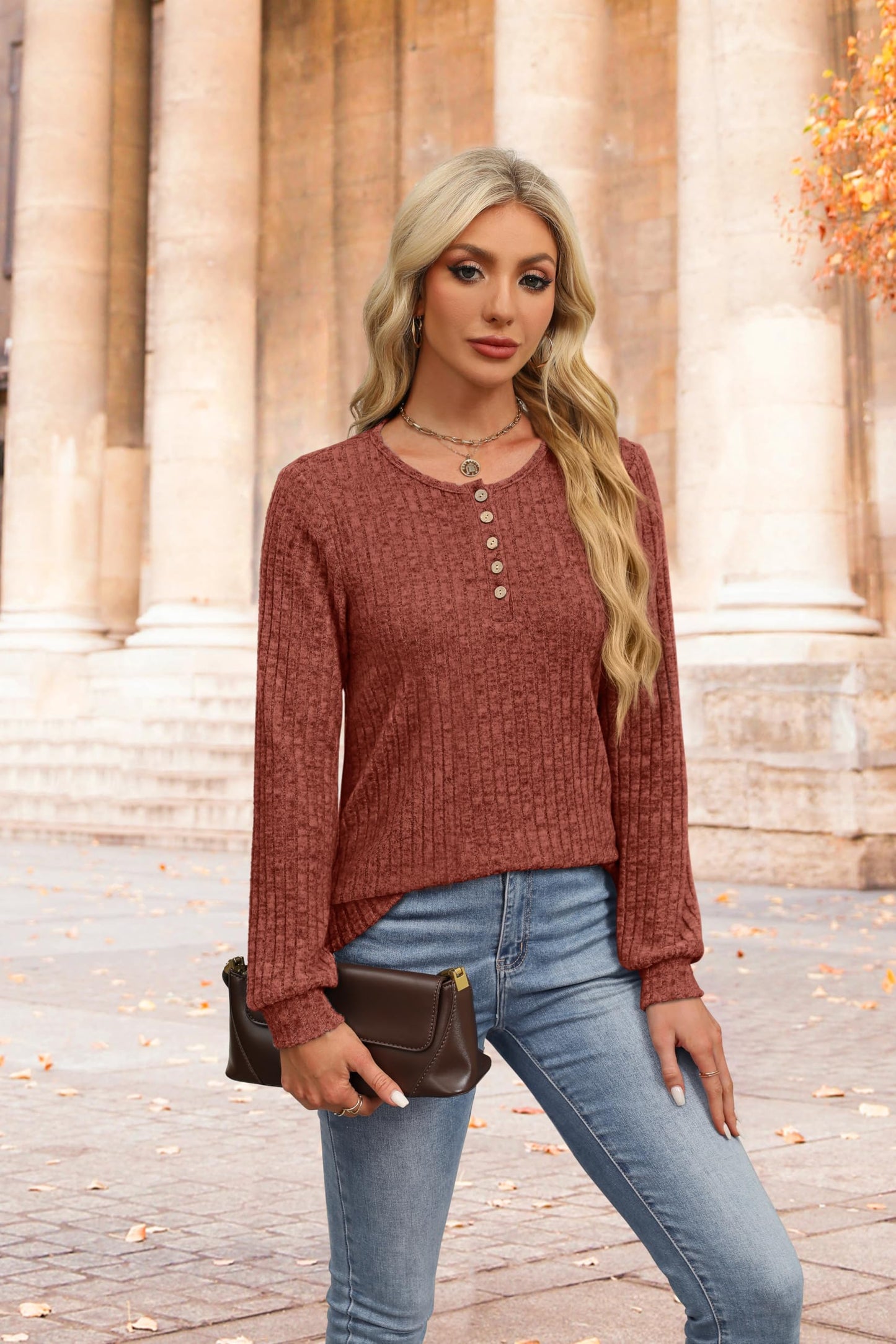XIEERDUO Sweater for Women Long Sleeve Henley Shirts Tunic Tops to Wear with Leggings crew neck Sweaters Trendy 2024