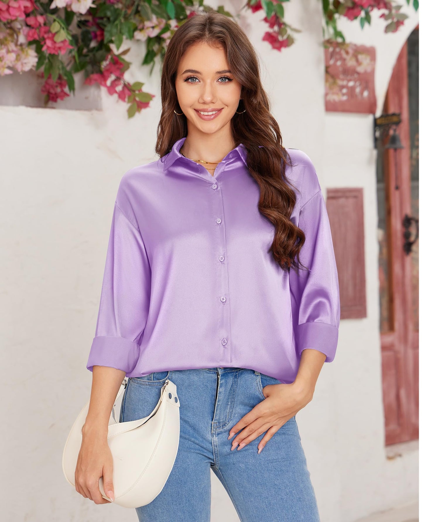 siliteelon Satin Blouses for Women Silk Button Down Shirts Casual Long Sleeve Shirt Business Office Work Tunic Tops