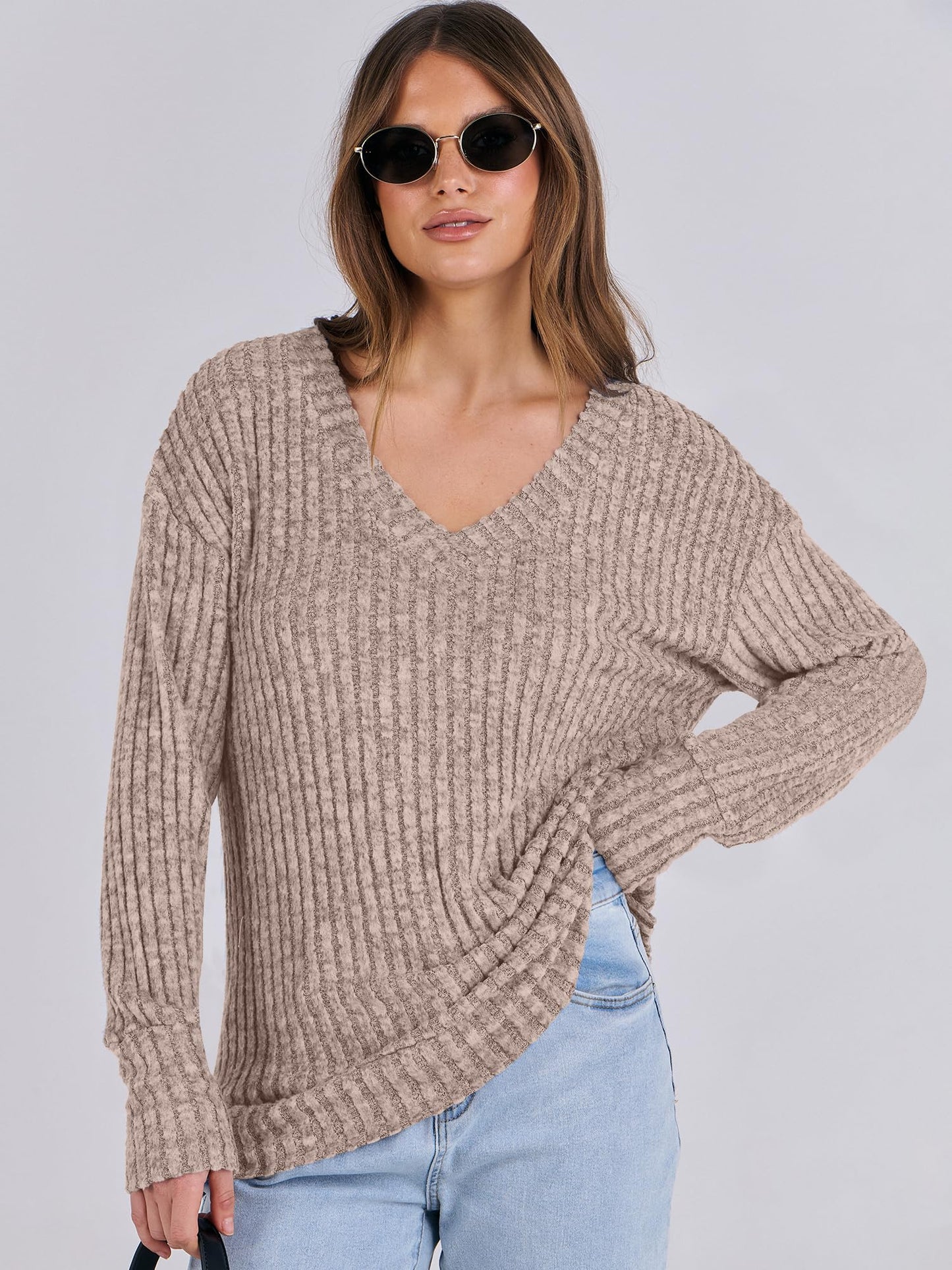 ANRABESS Long Sleeve Shirts for Women V Neck Casual Fall Tops Loose Fit Lightweight Sweaters Tunic Fashion 2024 Clothes