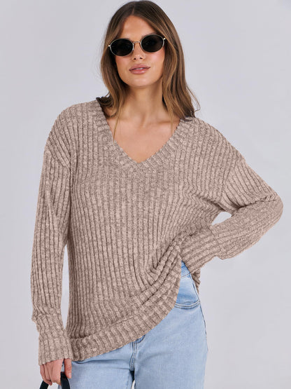 ANRABESS Long Sleeve Shirts for Women V Neck Casual Fall Tops Loose Fit Lightweight Sweaters Tunic Fashion 2024 Clothes