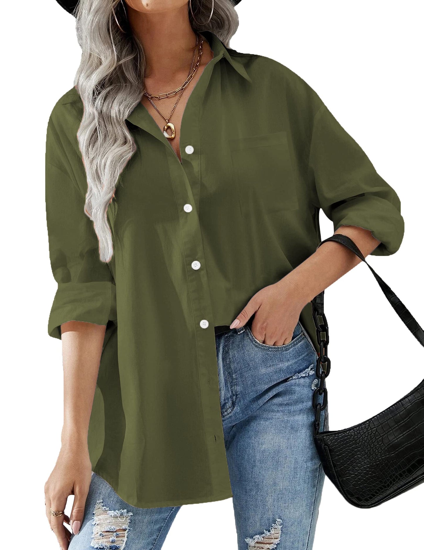 HOTOUCH Women Oversized Button Down Shirts Office Drop Shoulder Blouse Long Sleeve Boyfriend Dress Shirt with Pockets