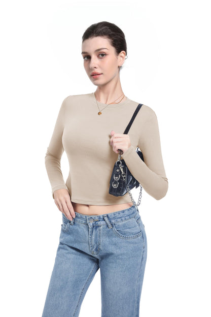 Abonlen Long Sleeve Shirts for Women Crewneck Basic Tees T Shirts Fitted Crop Tops Y2k Going Out Tops