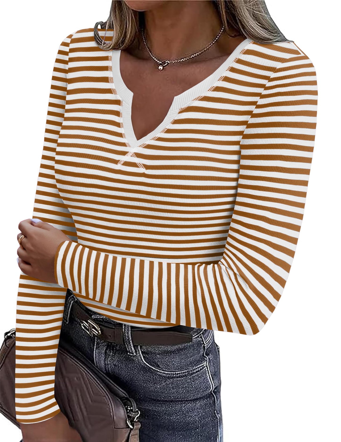 Zeagoo Womens Long Sleeve Shirts V-Neck Slim Fitted Knit Top Stretch Ribbed Basic Tee Casual Y2k Going Out T-Shirt