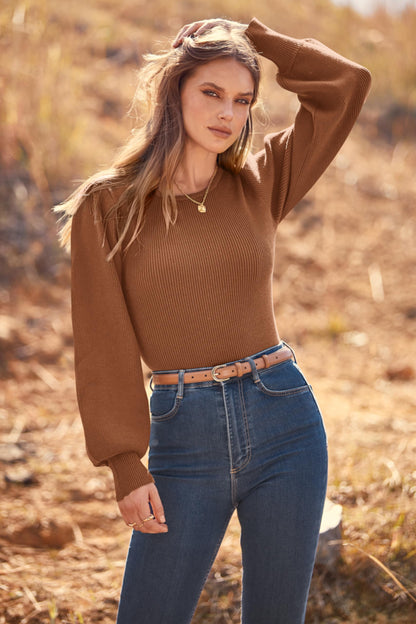 MASCOMODA Long Puff Sleeve Sweaters for Women 2024 Fall Winter Crewneck Knit Ribbed Bodysuit Pullover Tops