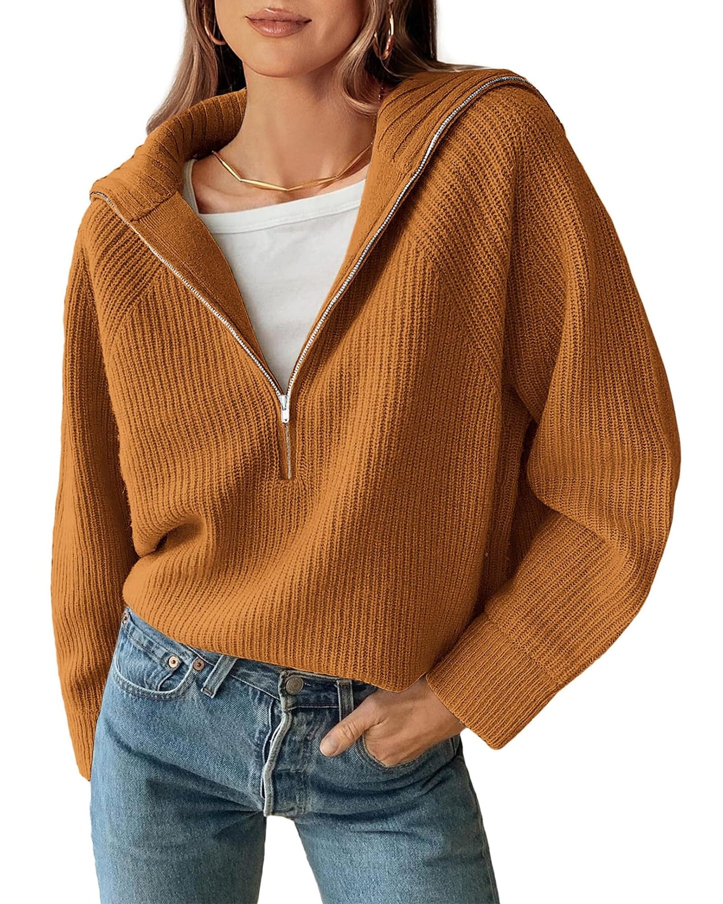 BTFBM Women’s Casual Long Sleeve Half Zip Pullover Sweaters Solid V Neck Collar Ribbed Knitted Loose Slouchy Jumper Tops