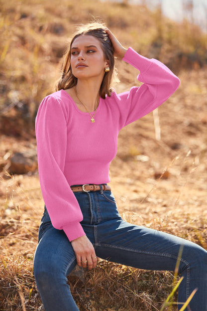 MASCOMODA Long Puff Sleeve Sweaters for Women 2024 Fall Winter Crewneck Knit Ribbed Bodysuit Pullover Tops