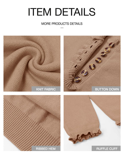 BTFBM 2024 Womens Sweaters Fall Winter Outfits Long Sleeve Button Down Ruffle Crew Neck Casual Knitted Pullover Tops