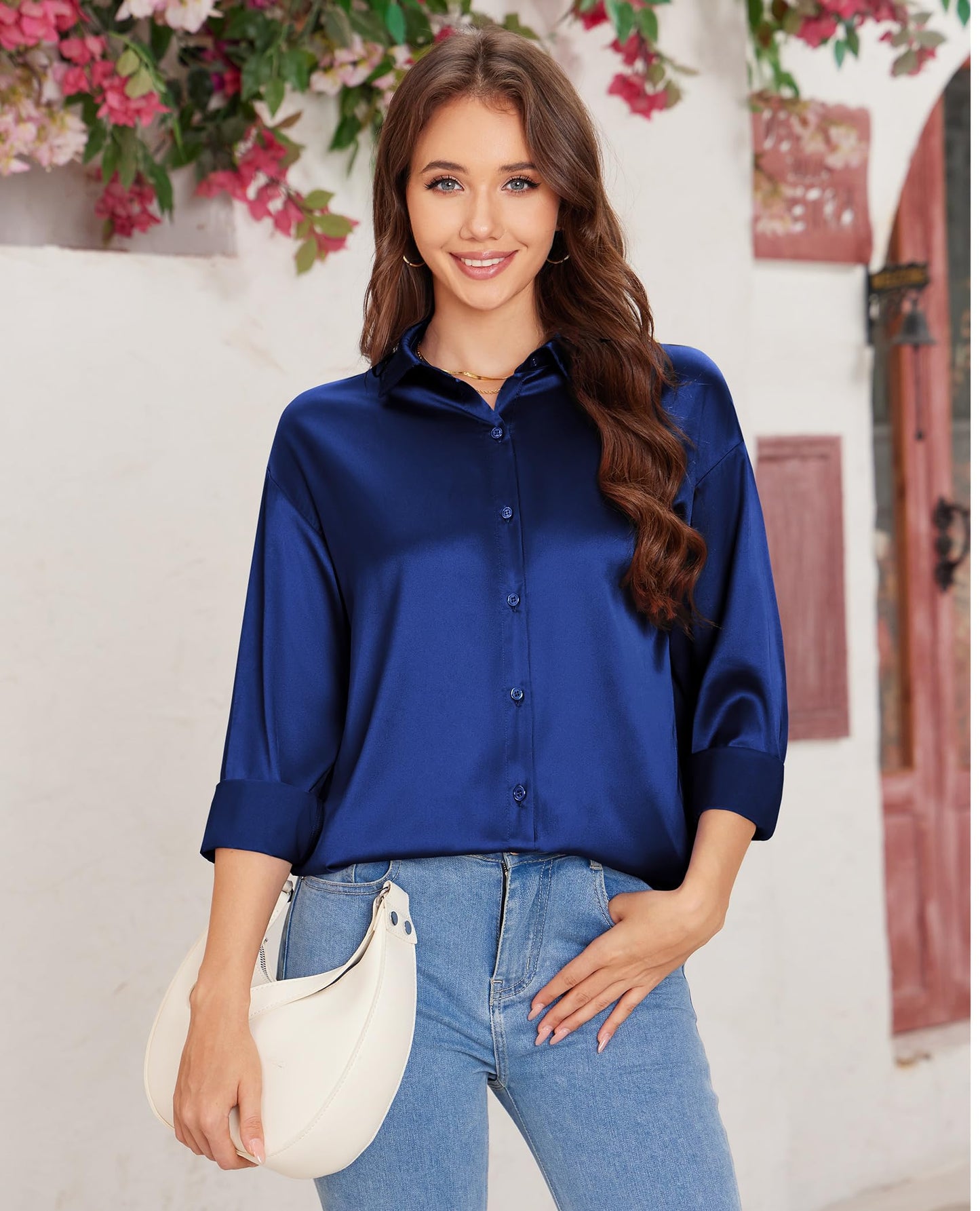 siliteelon Satin Blouses for Women Silk Button Down Shirts Casual Long Sleeve Shirt Business Office Work Tunic Tops