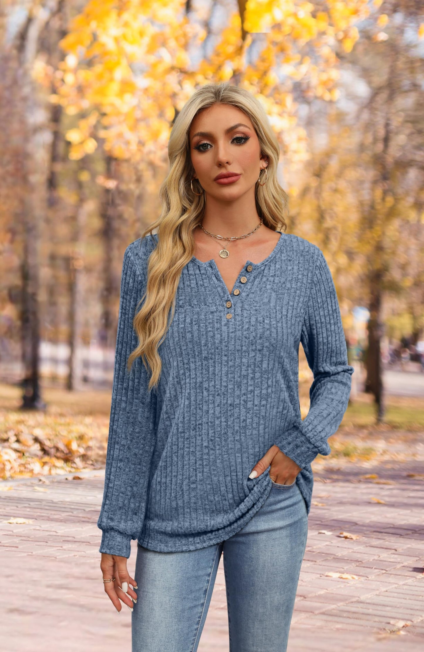 XIEERDUO Sweater for Women Long Sleeve Henley Shirts Tunic Tops to Wear with Leggings crew neck Sweaters Trendy 2024