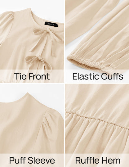 ZESICA Women's Dress Fall Long Puff Sleeve Self Tie Front Babydoll A Line Pleated Cute Mini Tunic Dresses 2025