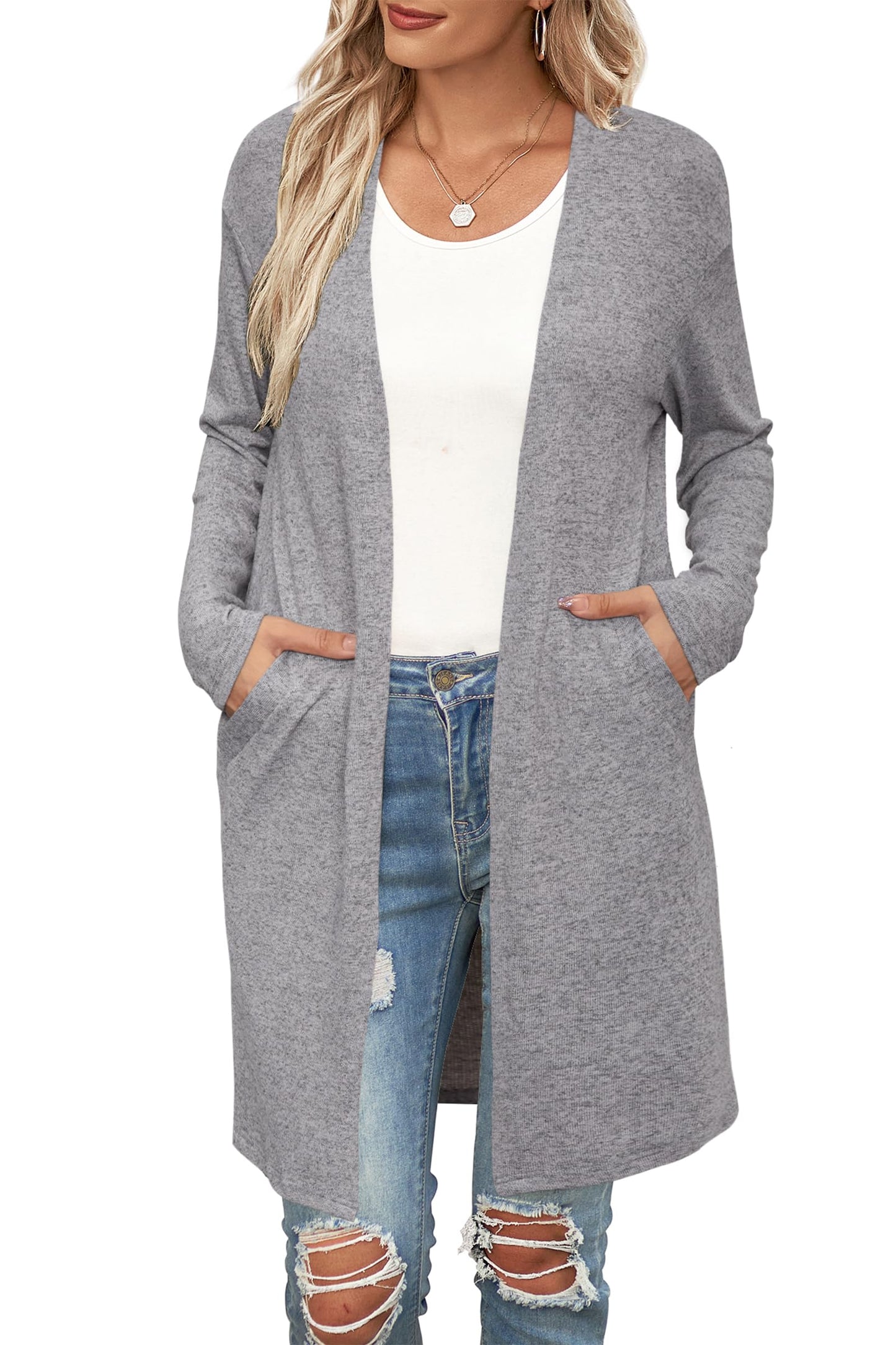 OUGES Women's Open Front Cardigan Shirt with Pockets Long Sleeve Lightweight Coat
