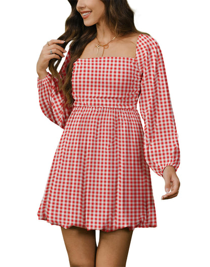 HYPERFIRE Women's Square Neck Pleated Long Sleeve Mini Dress Smocked A Lind Bubble Wedding Dresses