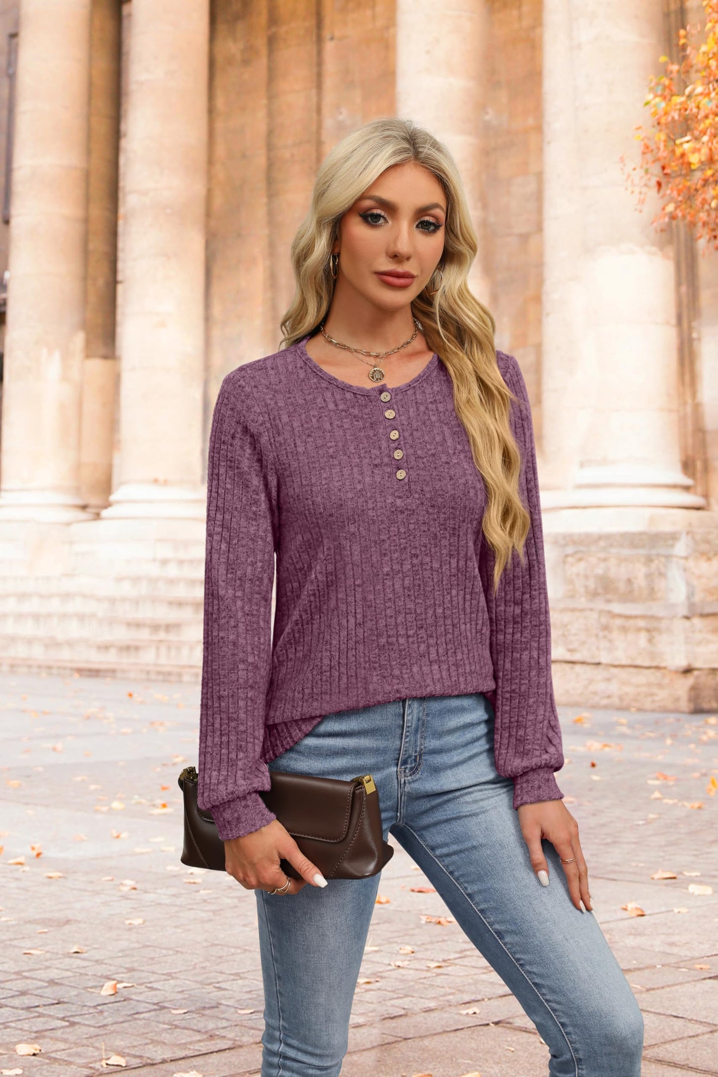 XIEERDUO Sweater for Women Long Sleeve Henley Shirts Tunic Tops to Wear with Leggings crew neck Sweaters Trendy 2024