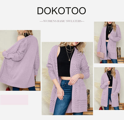 Dokotoo Women's 2024 Fashion Casual Open Front Long Sleeve Chunky Cable Knit Cardigans Sweaters Outerwear Coats with Pockets