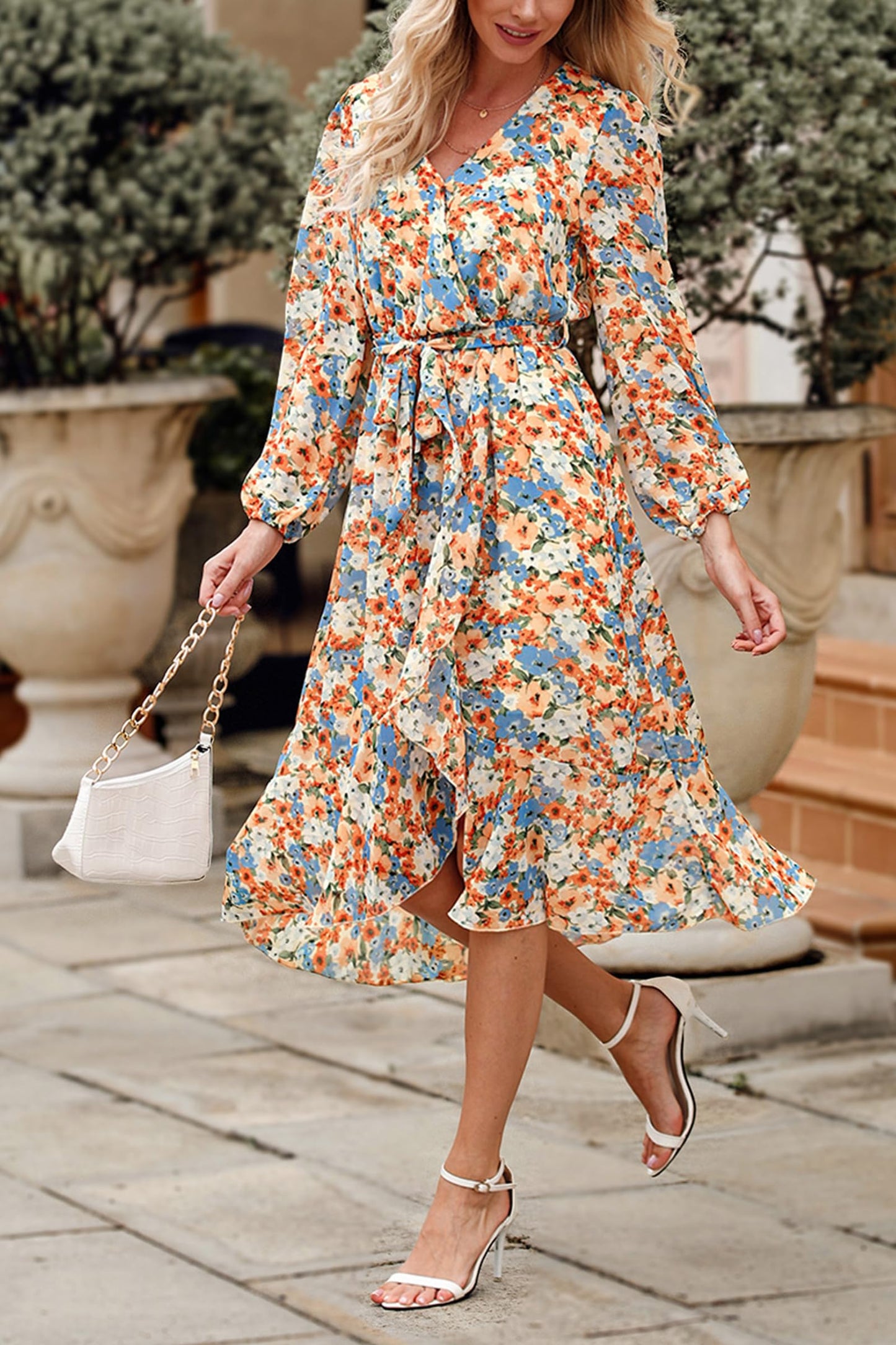 PRETTYGARDEN Women's Floral Print Boho Dress Long Sleeve Wrap V Neck Ruffle Belted A-Line Flowy Maxi Dresses