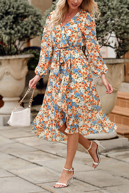 PRETTYGARDEN Women's Floral Print Boho Dress Long Sleeve Wrap V Neck Ruffle Belted A-Line Flowy Maxi Dresses