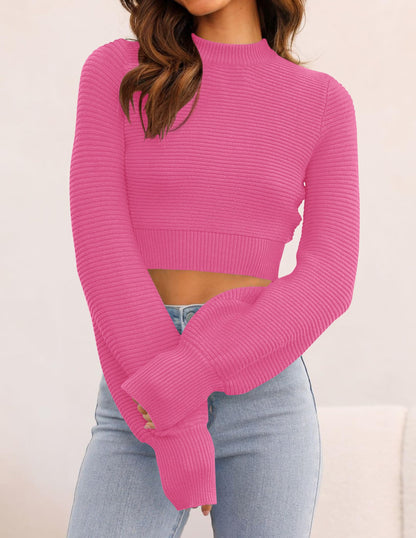 ZESICA Women's Fall Mock Neck Cropped Sweater Long Sleeve Soft Ribbed Knit Pullover Jumper Tops
