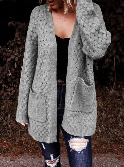Dokotoo Women's 2024 Fashion Casual Open Front Long Sleeve Chunky Cable Knit Cardigans Sweaters Outerwear Coats with Pockets