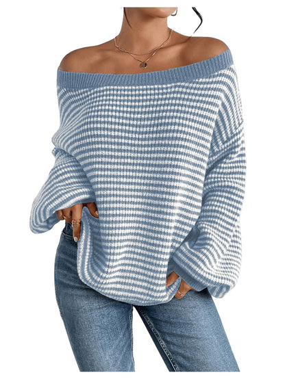 SOLY HUX Women's Off The Shoulder Striped Sweaters Oversized Long Sleeve Knit Pullover Tops