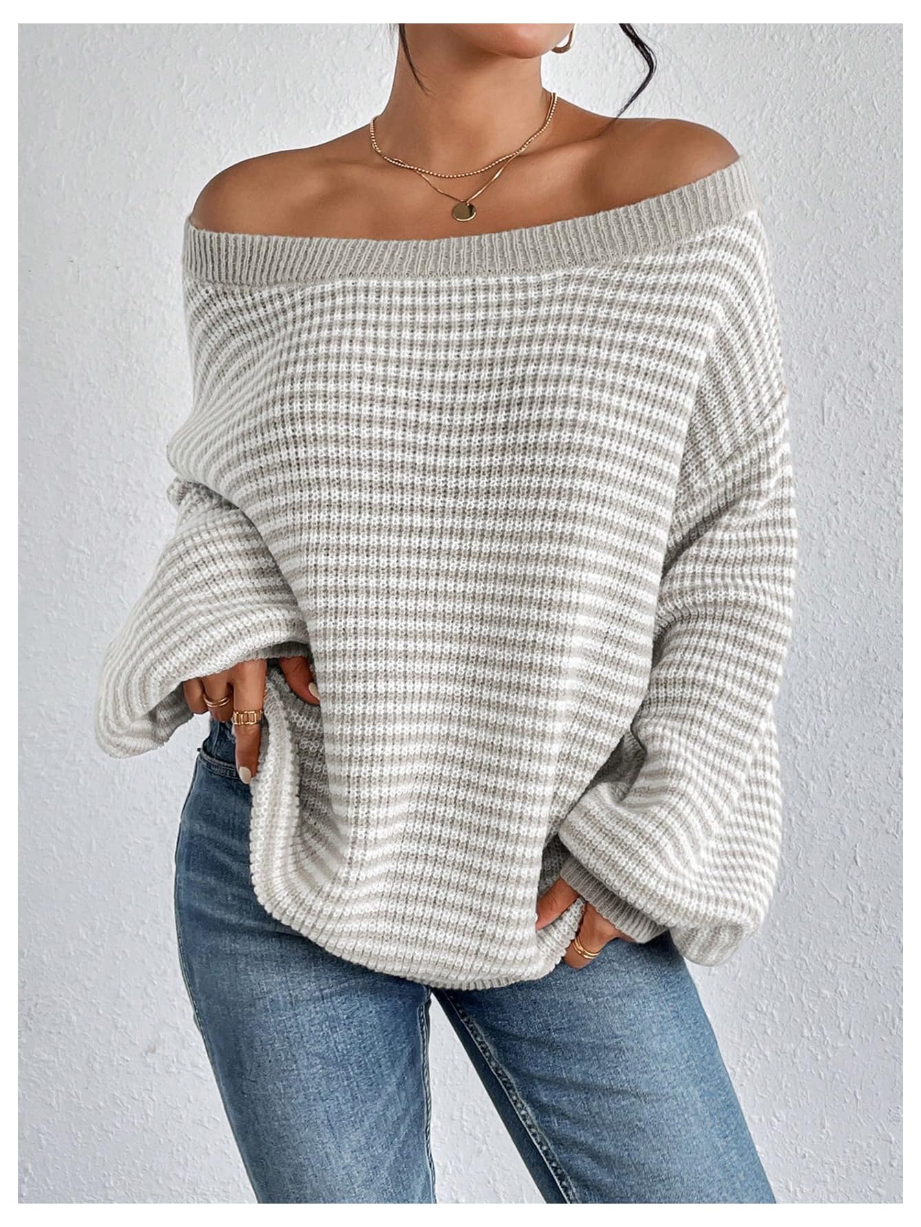 SOLY HUX Women's Off The Shoulder Striped Sweaters Oversized Long Sleeve Knit Pullover Tops