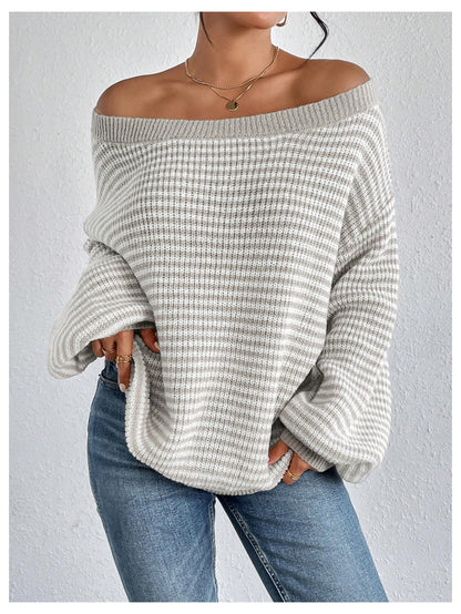 SOLY HUX Women's Off The Shoulder Striped Sweaters Oversized Long Sleeve Knit Pullover Tops
