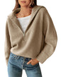 BTFBM Women’s Casual Long Sleeve Half Zip Pullover Sweaters Solid V Neck Collar Ribbed Knitted Loose Slouchy Jumper Tops