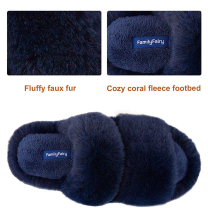 FamilyFairy Women's Fluffy Faux Fur Slippers Comfy Open Toe Two Band Slides with Fleece Lining and Rubber Sole