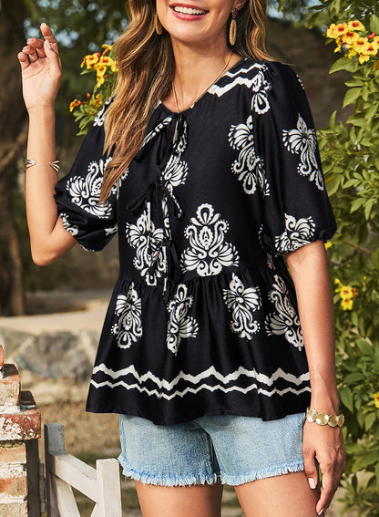 Dokotoo Womens Tops Casual Crewneck Babydoll Peplum Puff Sleeve Shirts Bow Tie Front Boho Summer Blouses