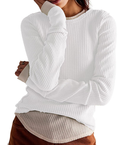 Women's Waffle Knit Tops Long Sleeve Shirts Slim Fitted Pullover Crewneck Shirt Fall Winter Tops 2024