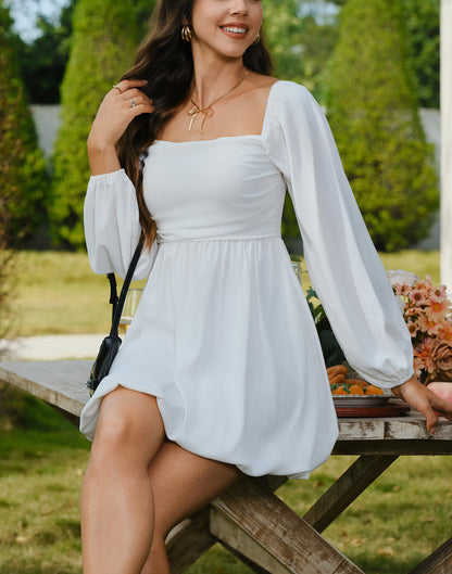 HYPERFIRE Women's Square Neck Pleated Long Sleeve Mini Dress Smocked A Lind Bubble Wedding Dresses