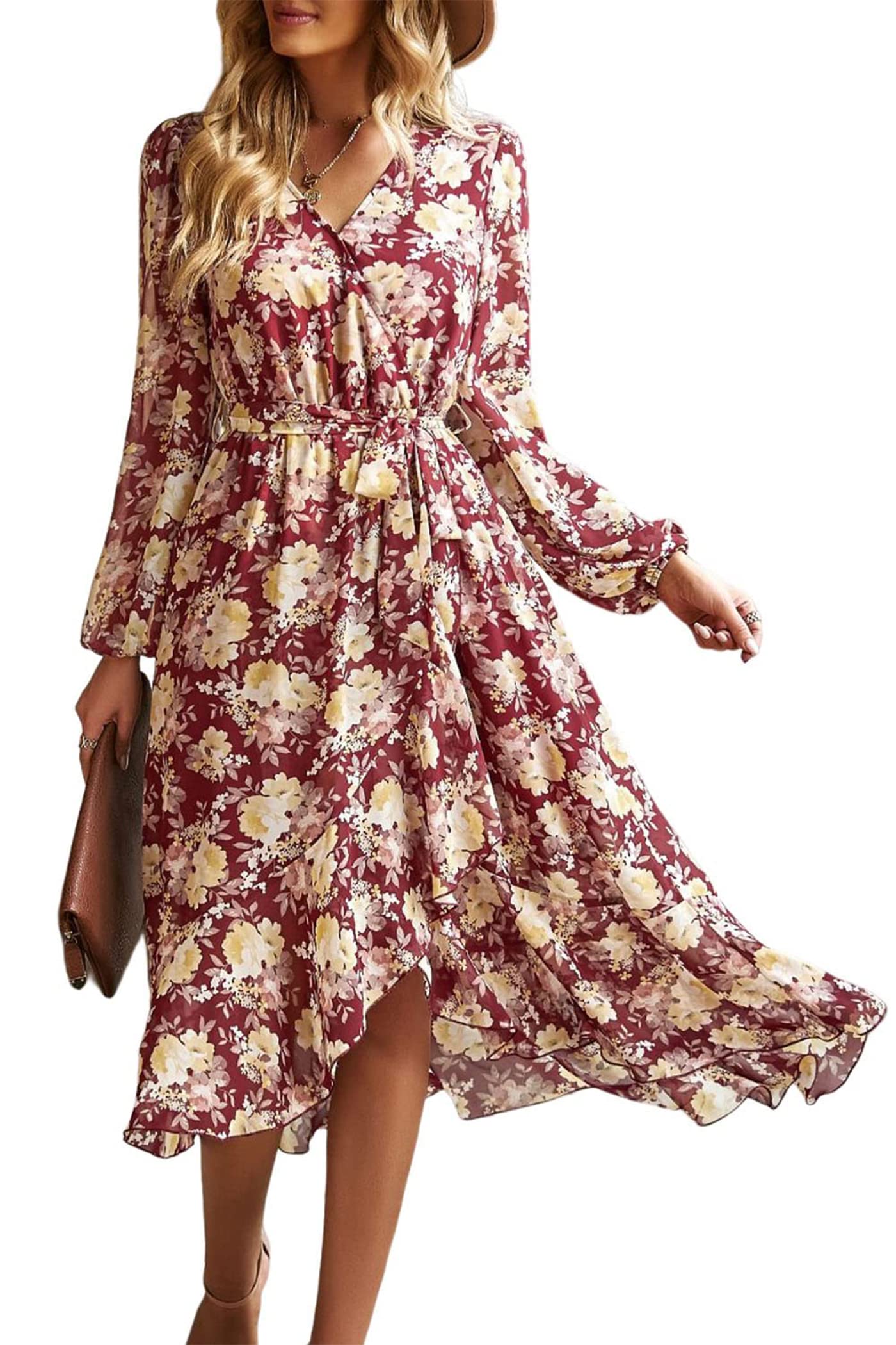 PRETTYGARDEN Women's Floral Print Boho Dress Long Sleeve Wrap V Neck Ruffle Belted A-Line Flowy Maxi Dresses