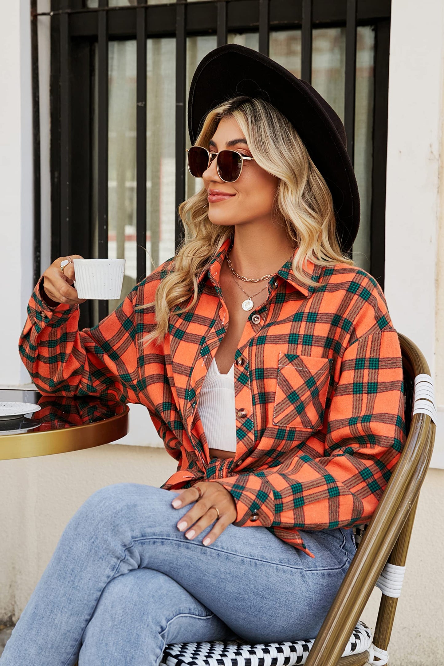 CHYRII Womens Button Down Flannel Shirts Long Sleeve Plaid Shackets Business Casual Blouse Top