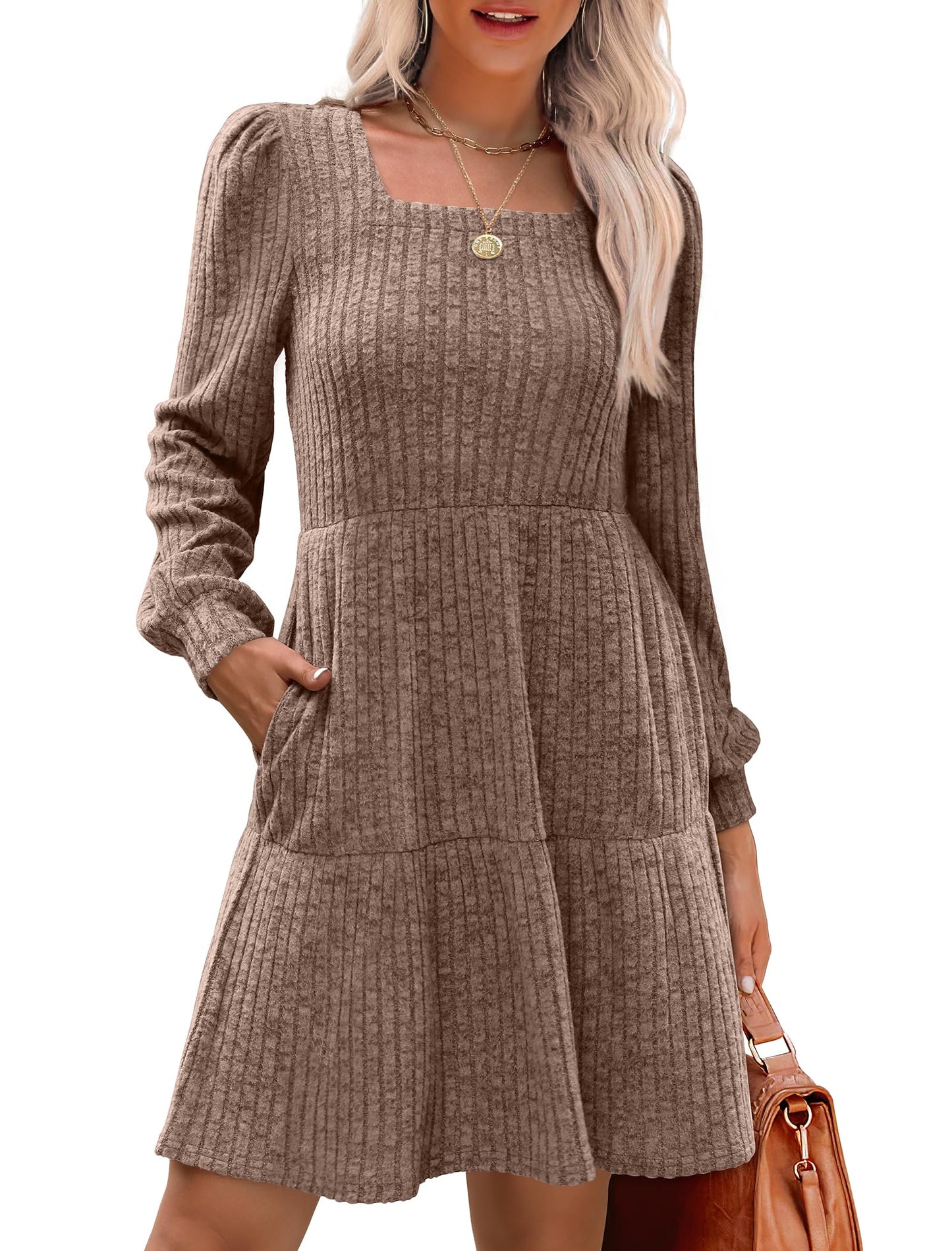 SAMPEEL Womens Square Neck Long Sleeve Fall Dresses Casual Babydoll Sweater Dress