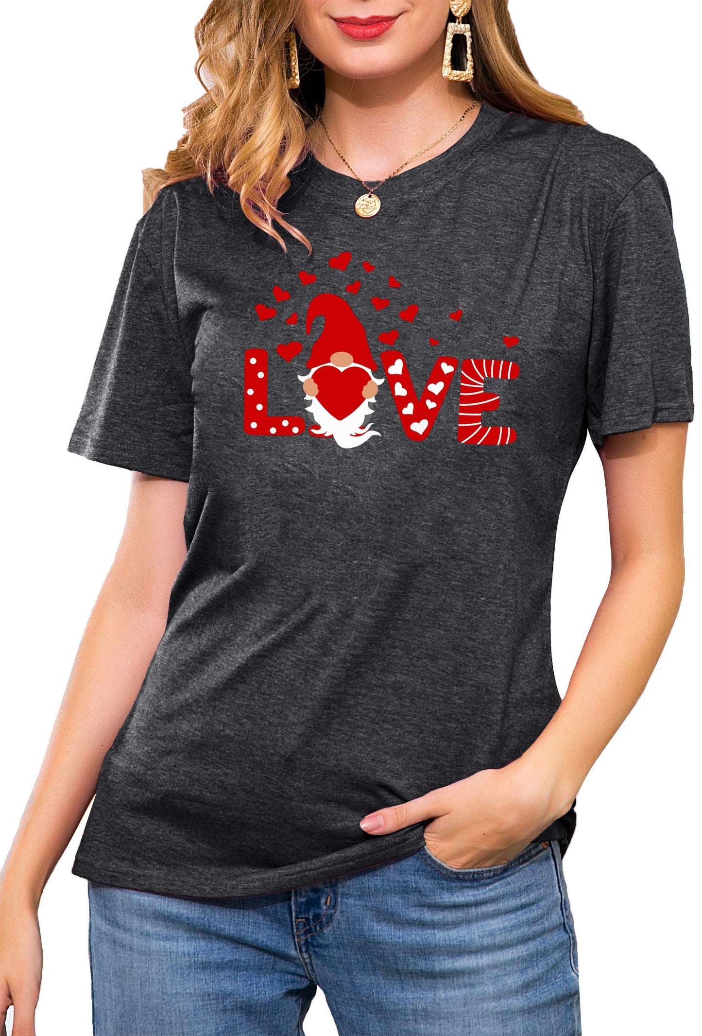 Valentine's Day Shirt for Womens Cute Gnomes T-Shirt Love Heart Printed Shirts Short Sleeve Graphic Tees Tops