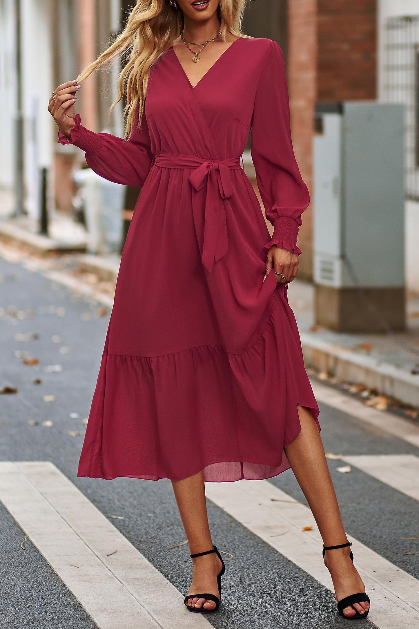 PRETTYGARDEN Women's Floral Print Boho Dress Long Sleeve Wrap V Neck Ruffle Belted A-Line Flowy Maxi Dresses