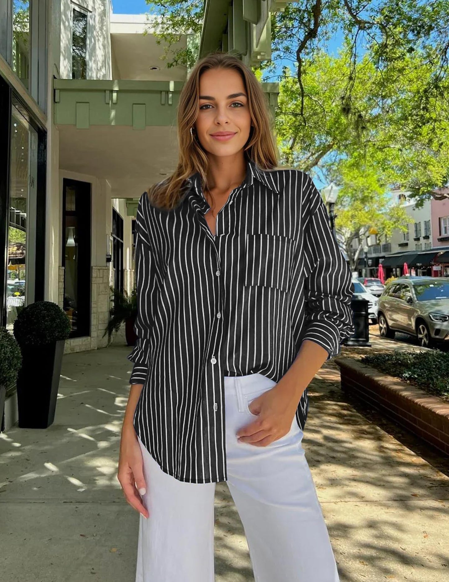 HOTOUCH Women Oversized Button Down Shirts Office Drop Shoulder Blouse Long Sleeve Boyfriend Dress Shirt with Pockets