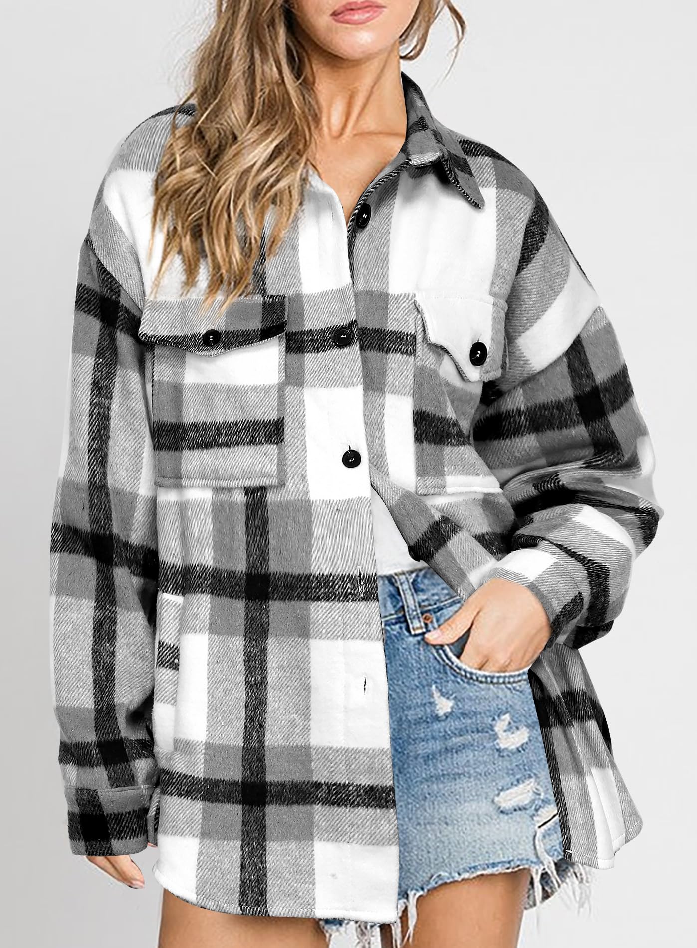 Beaully Women's Flannel Plaid Shacket Long Sleeve Button Down Shirts Jacket Coats with Side Pockets