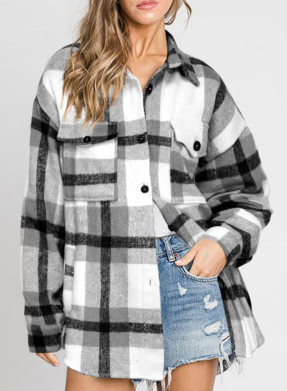 Beaully Women's Flannel Plaid Shacket Long Sleeve Button Down Shirts Jacket Coats with Side Pockets