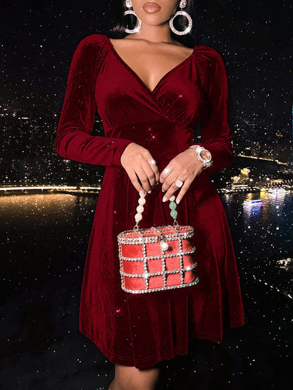 Sexyasasii Womens Wrap V Neck Long Sleeve Velvet Glitter A Line Cocktail Party Swing Fit and Flare Skater Mini Dress