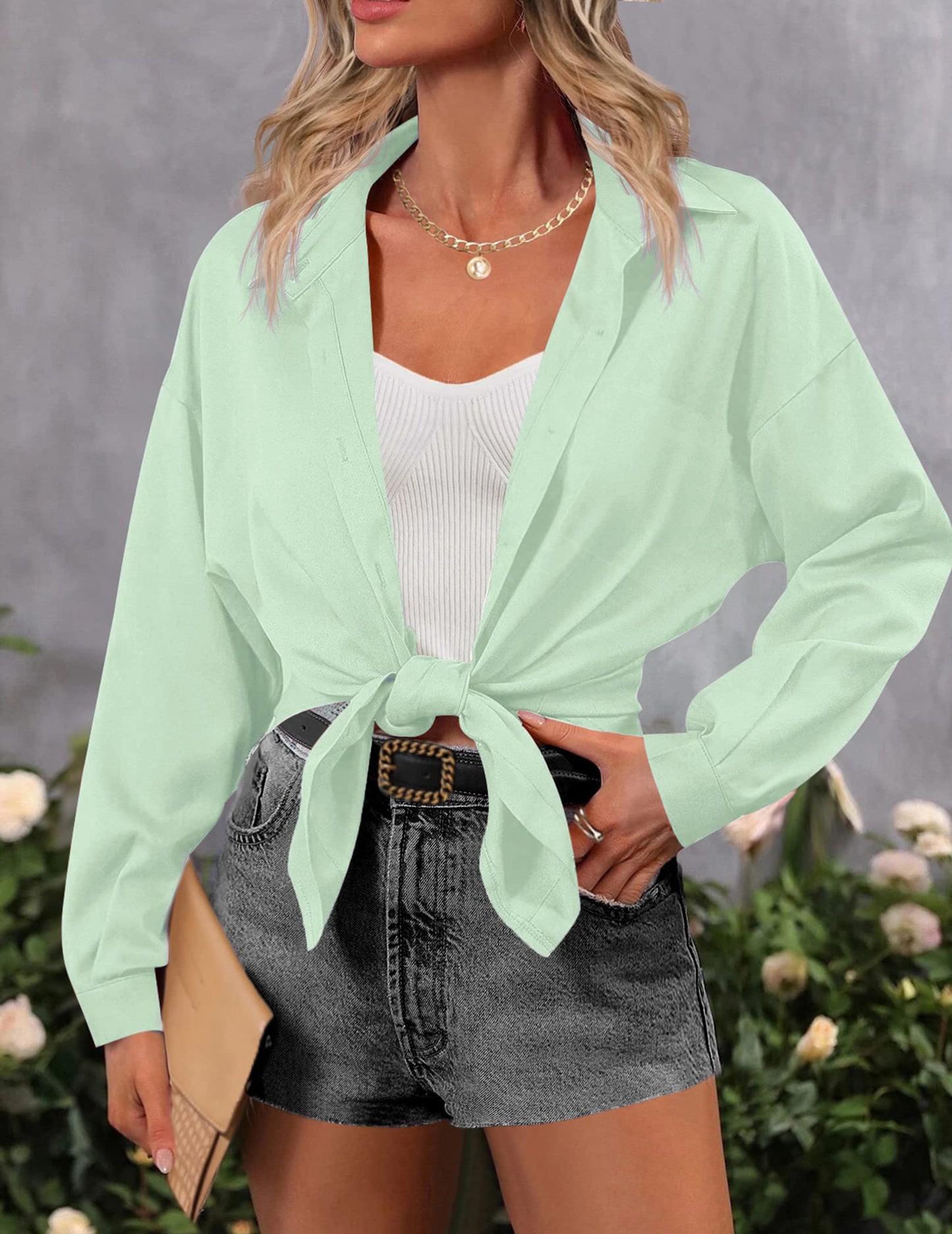 HOTOUCH Women Oversized Button Down Shirts Office Drop Shoulder Blouse Long Sleeve Boyfriend Dress Shirt with Pockets
