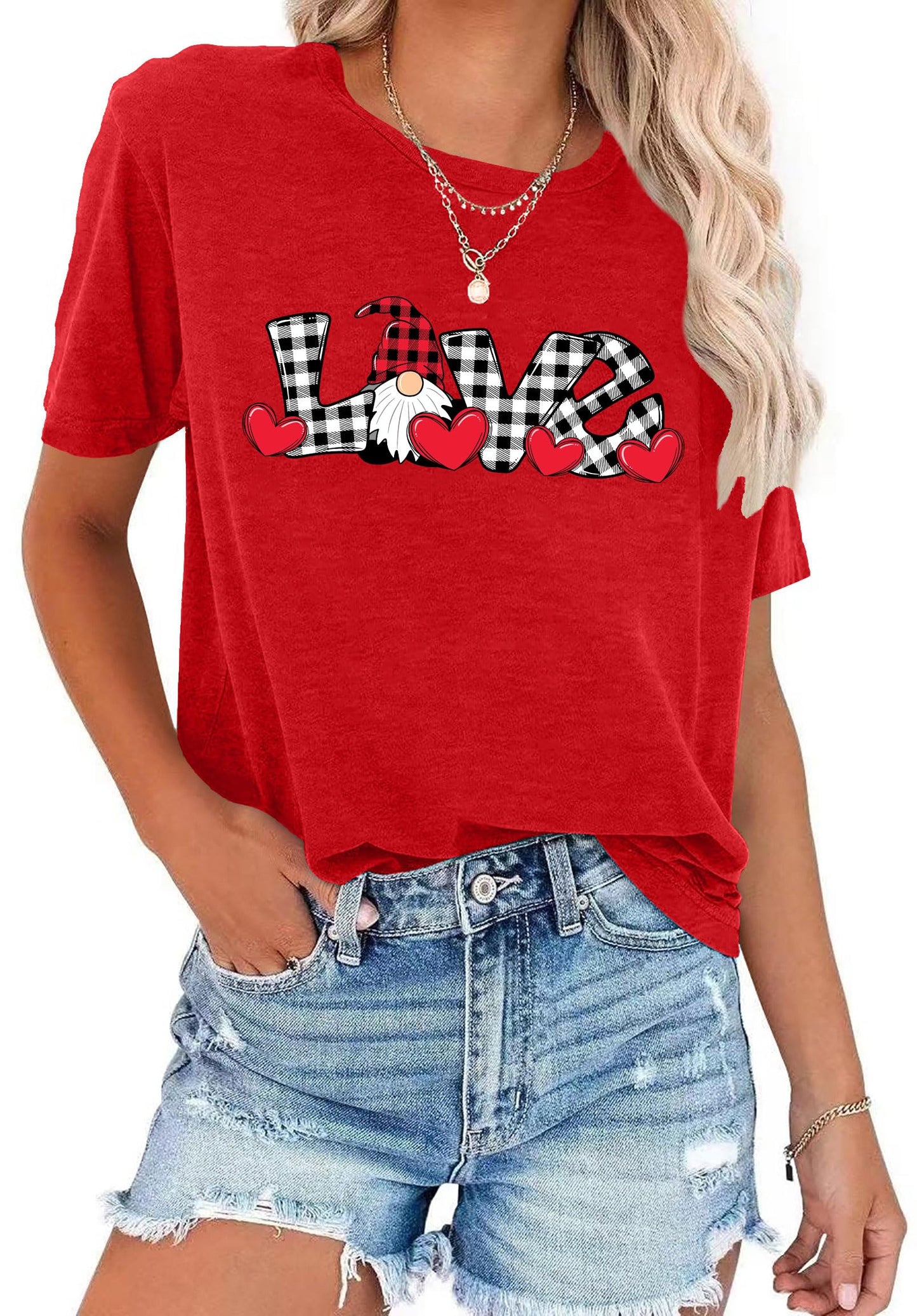 Valentine's Day Shirt for Womens Cute Gnomes T-Shirt Love Heart Printed Shirts Short Sleeve Graphic Tees Tops
