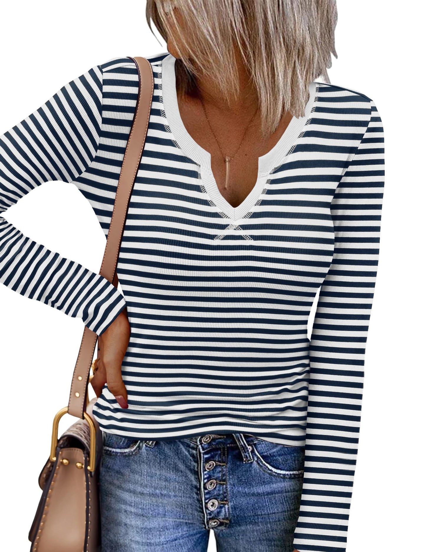 Zeagoo Womens Long Sleeve Shirts V-Neck Slim Fitted Knit Top Stretch Ribbed Basic Tee Casual Y2k Going Out T-Shirt