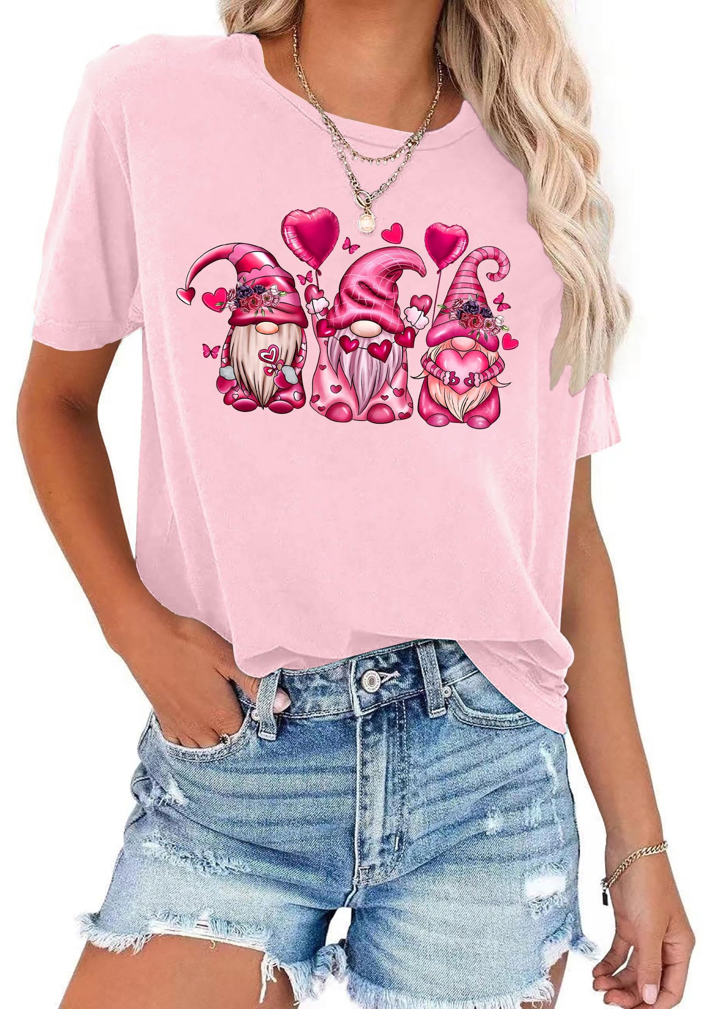 Valentine's Day Shirt for Womens Cute Gnomes T-Shirt Love Heart Printed Shirts Short Sleeve Graphic Tees Tops