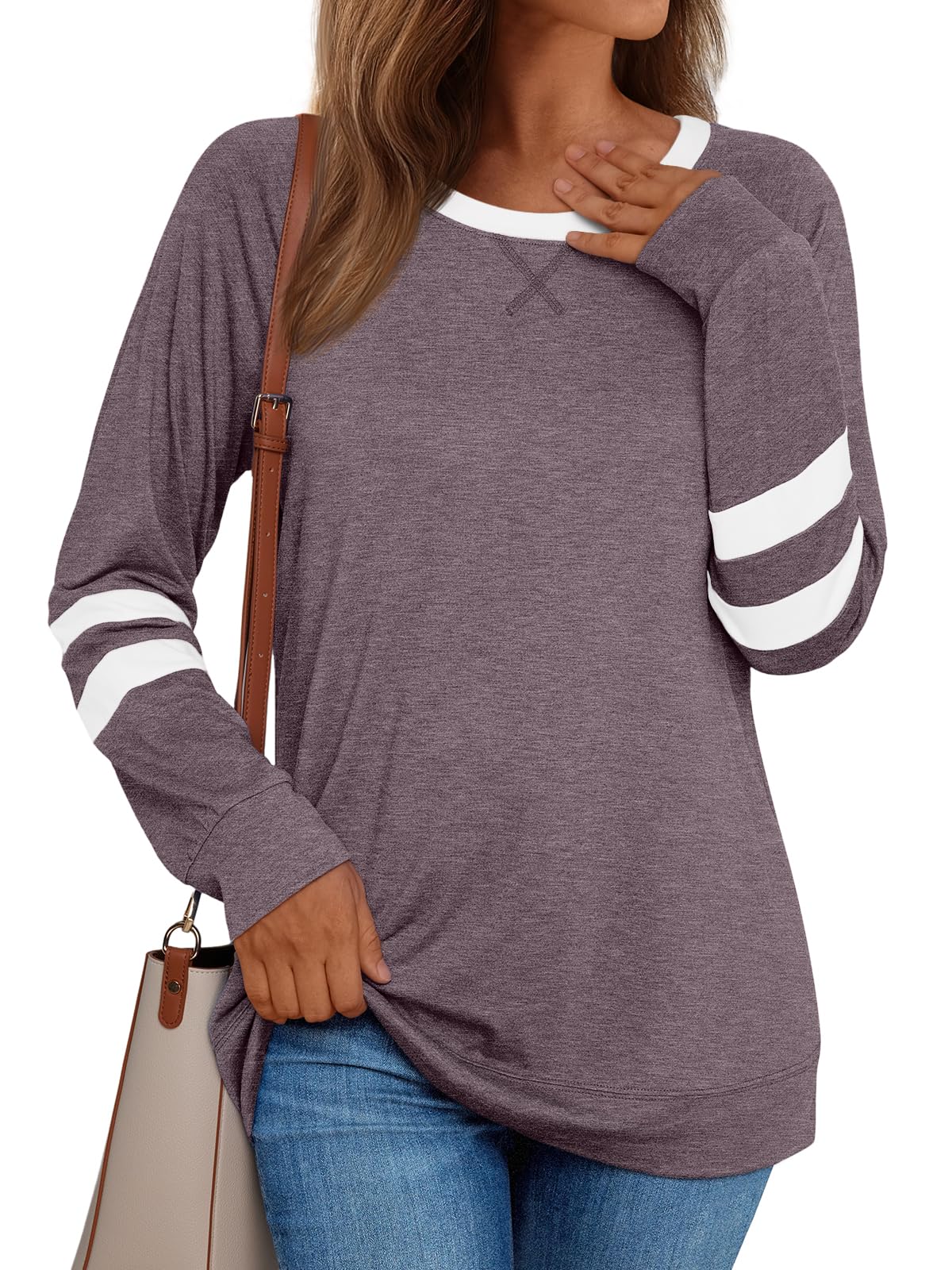 AUTOMET Womens Long Sleeve Shirts Color Block Casual Crewneck Tops Tshirt Basic Tees Fall Fashion Clothes Trendy Outfits