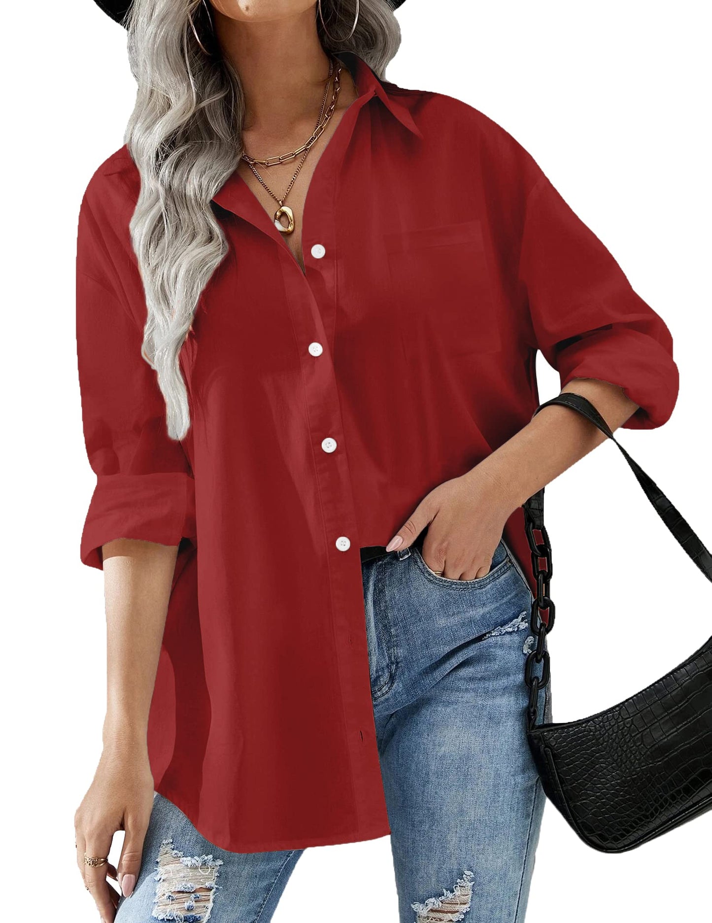 HOTOUCH Women Oversized Button Down Shirts Office Drop Shoulder Blouse Long Sleeve Boyfriend Dress Shirt with Pockets