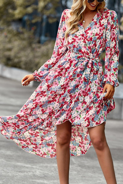 PRETTYGARDEN Women's Floral Print Boho Dress Long Sleeve Wrap V Neck Ruffle Belted A-Line Flowy Maxi Dresses