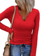 Zeagoo Womens Long Sleeve Shirts V-Neck Slim Fitted Knit Top Stretch Ribbed Basic Tee Casual Y2k Going Out T-Shirt